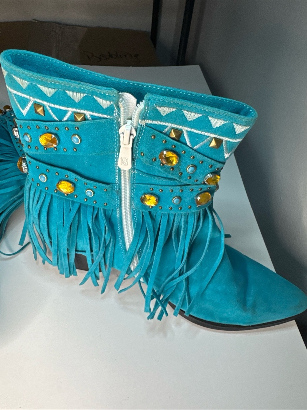 Turquoise Fringe Gem-Embellished Women's Ankle Booties